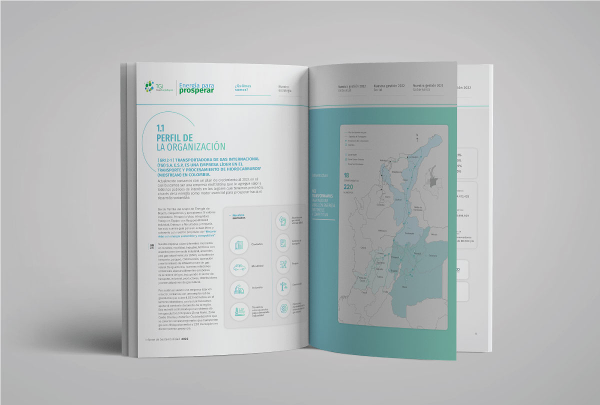 Diseño editorial para Informes de Sostenibilidad 2022 "Energía para Prosperar" -  TGI