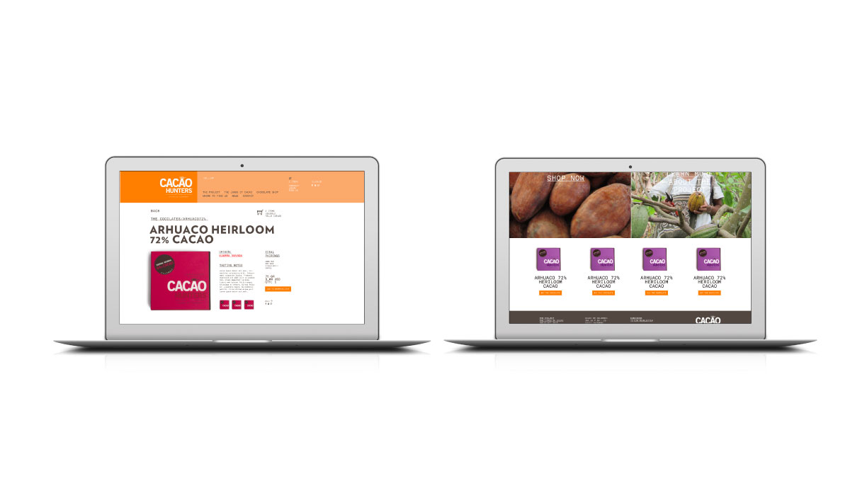 Diseño de marca, empaques, stands, página web - Cacao Hunters